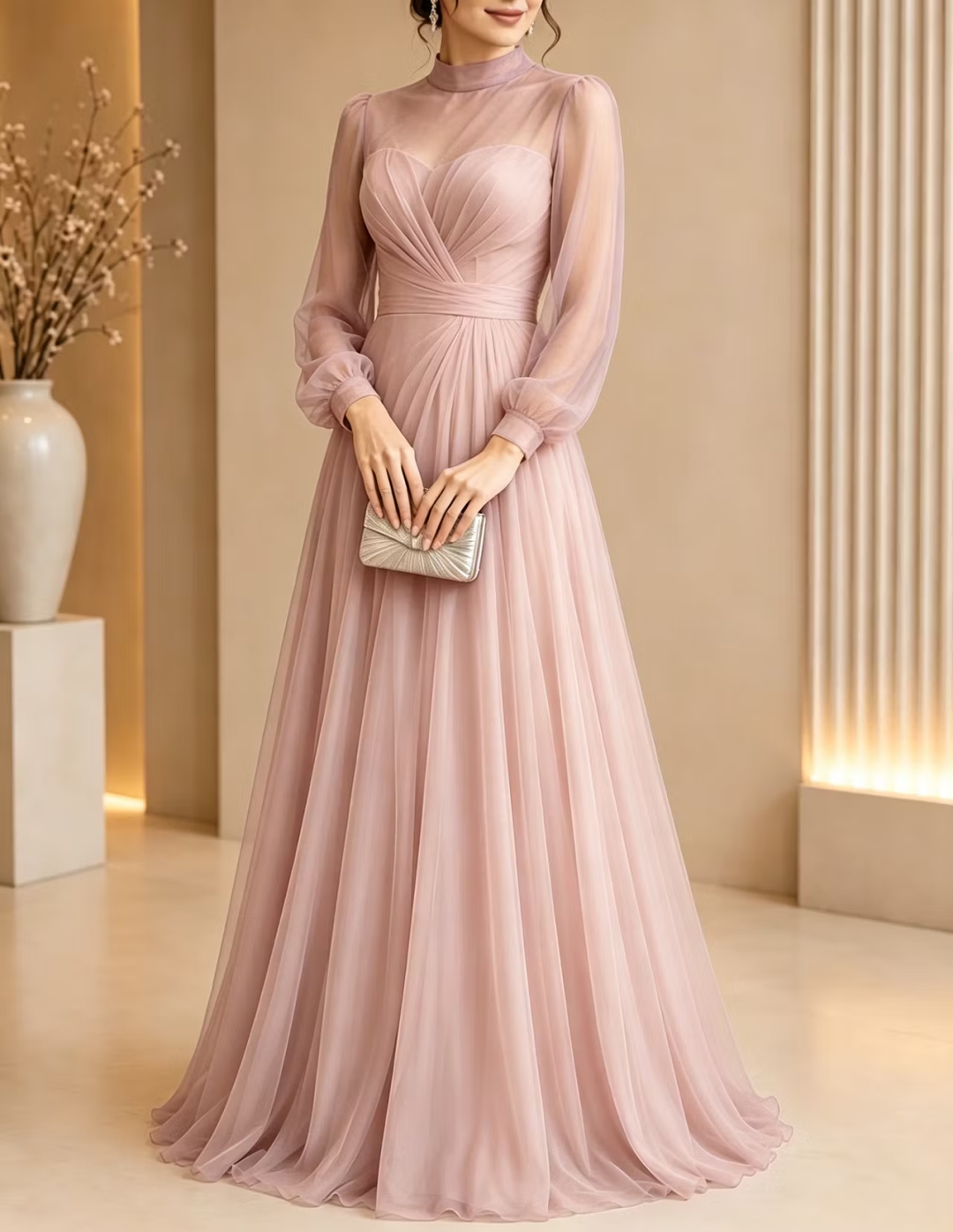 Purple Sheer High Neck Sheer Illusion Chiffon Maxi Dress