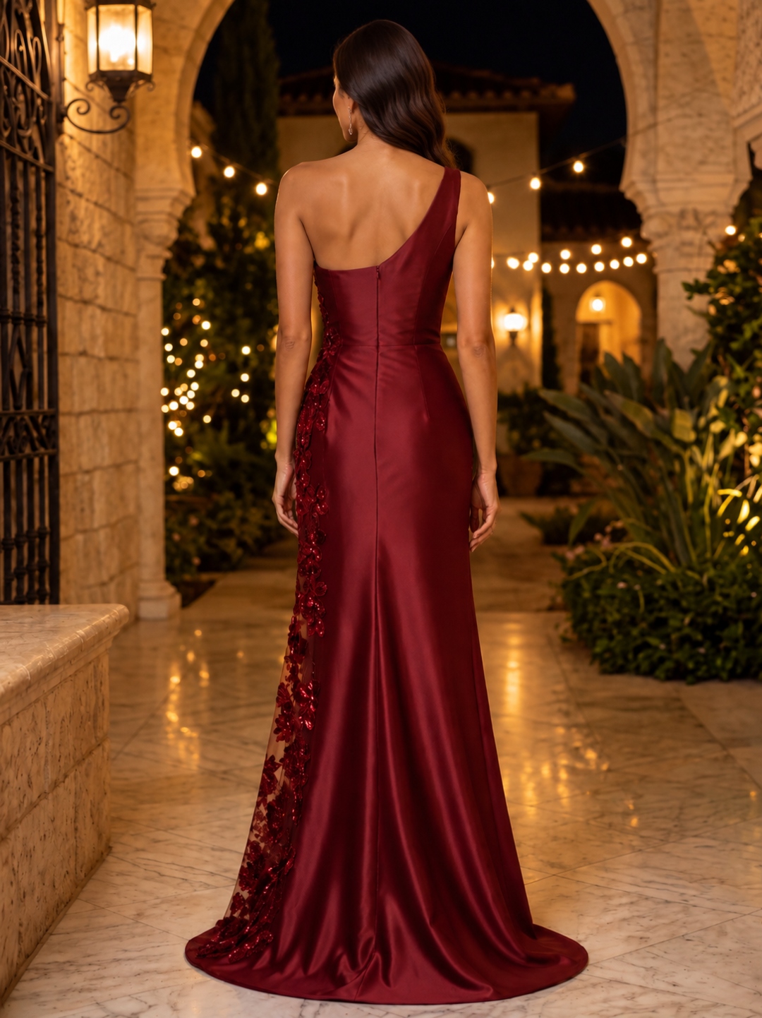 Burgundy Satin One Shoulder 3D Floral Applique Sheer Mermaid Train Evening Dress
