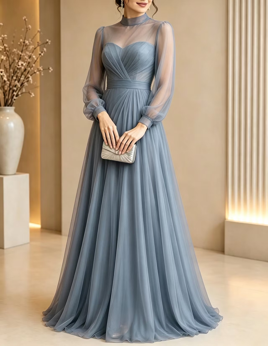 Purple Sheer High Neck Sheer Illusion Chiffon Maxi Dress