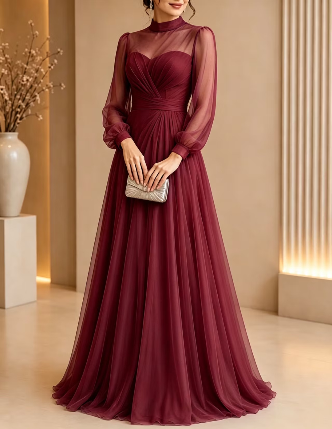 Purple Sheer High Neck Sheer Illusion Chiffon Maxi Dress