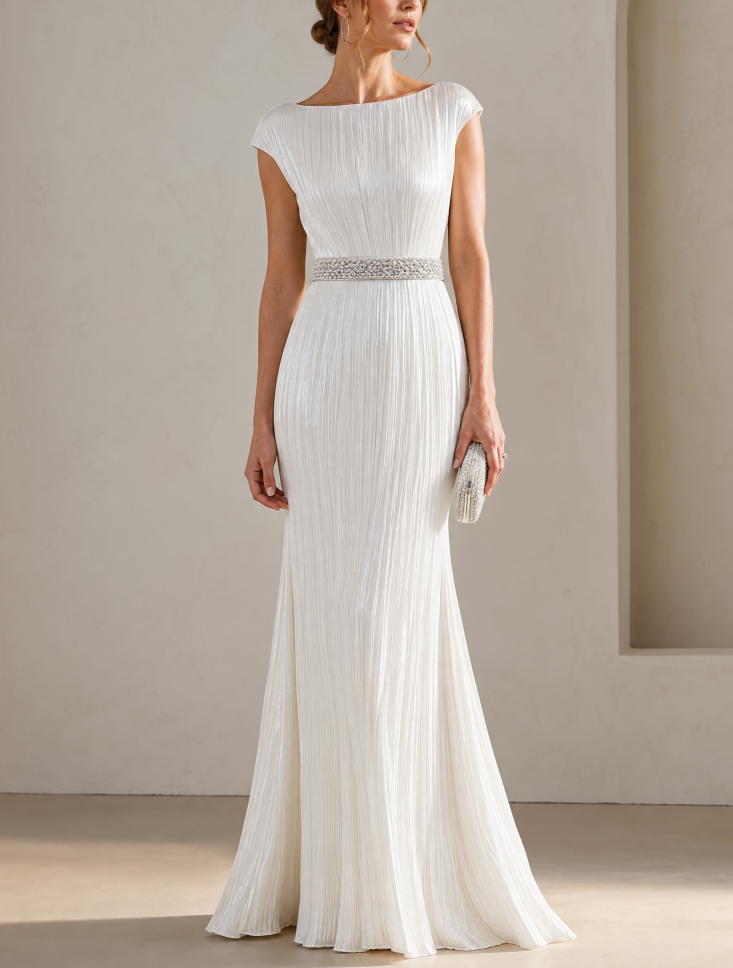 White Pleated Cap Sleeve Beaded Belt Mermaid Maxi Dress