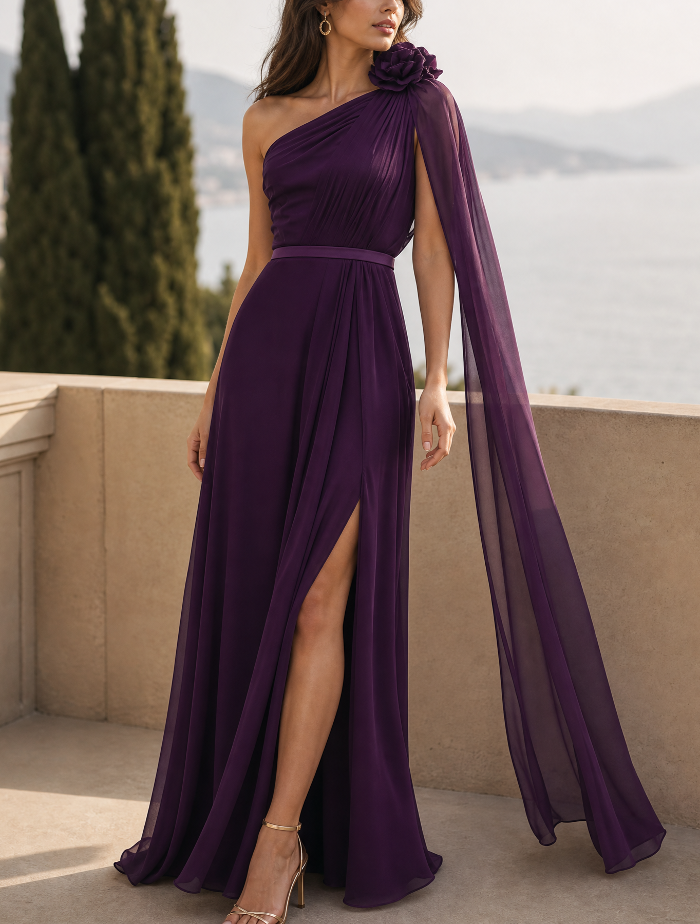 Deep Purple One Shoulder Cape 3D Floral Slit Maxi Dress