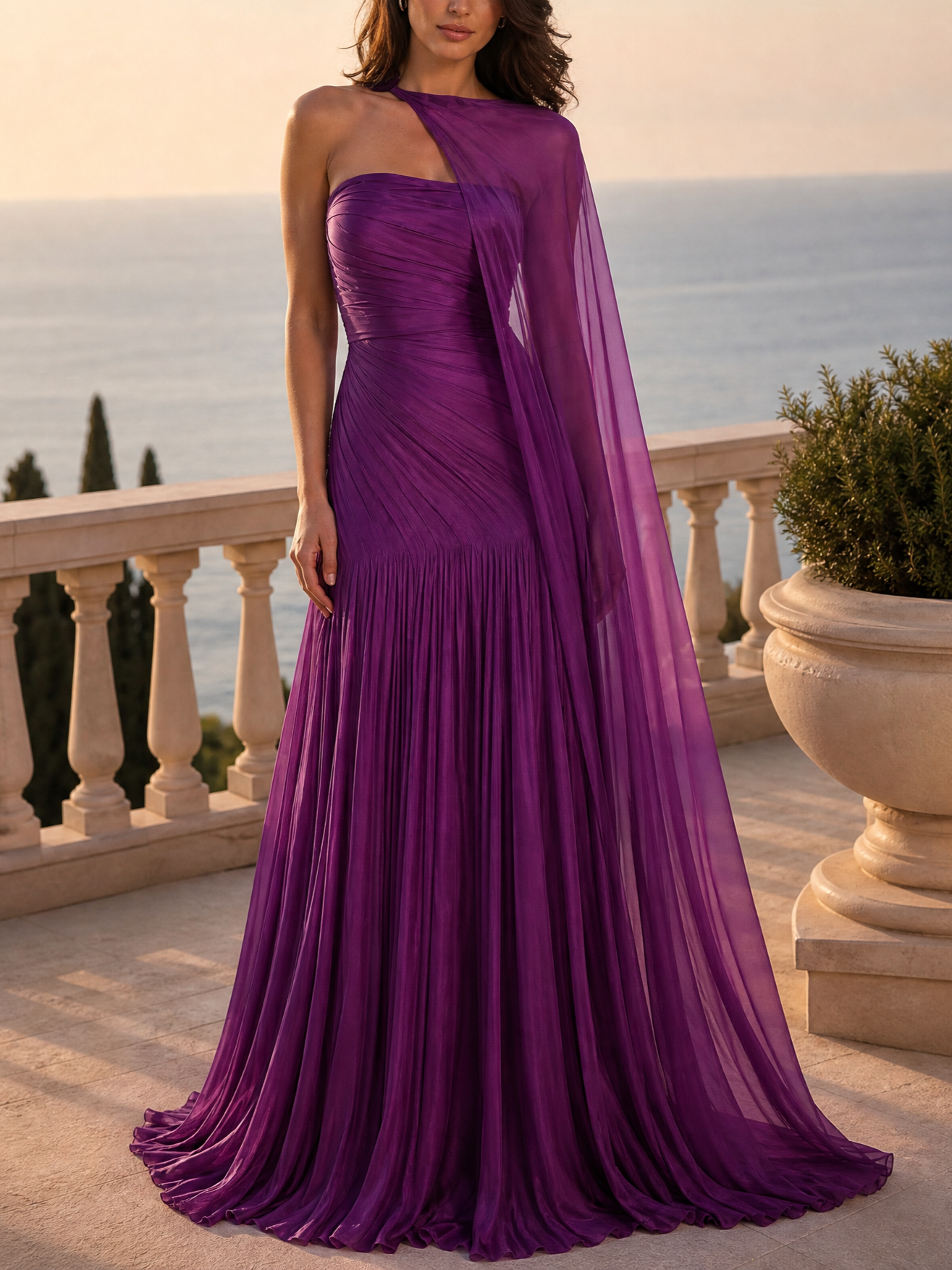 Purple One-Shoulder Cape Sleeve Pleated Mermaid Gown