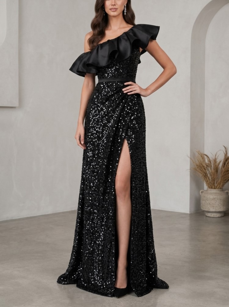 Black One-Shoulder Satin Ruffle Sequin Mermaid Gown with Slit