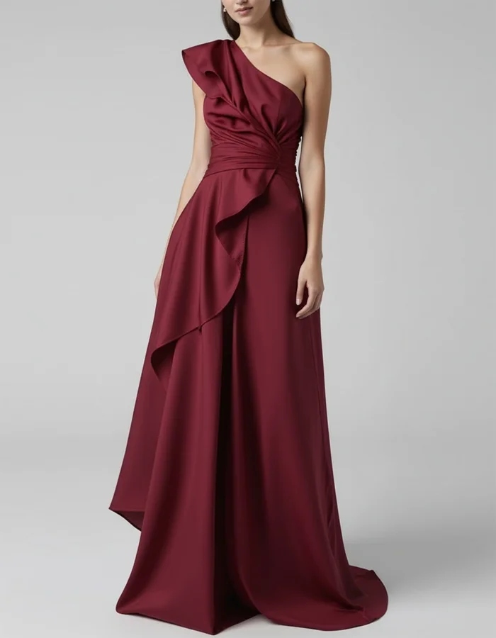 One-shoulder Pleated Satin Asymmetrical Ruffle Maxi Dress