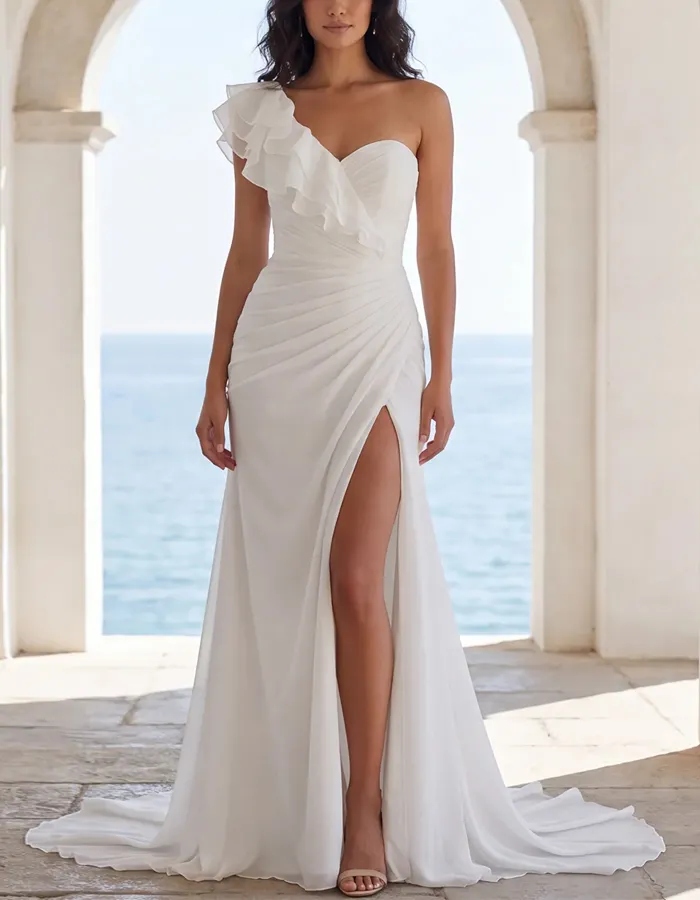 Solid Color Chiffon One Shoulder Ruffle Maxi Dress