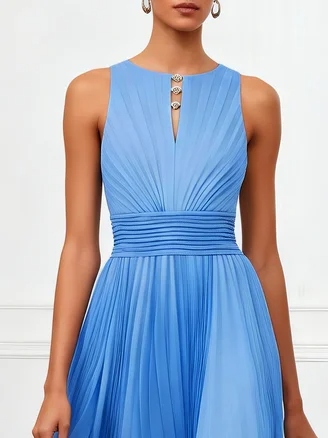 Blue Pleated Rhinestone Chiffon Crew Neck Sleeveless A-Line Floor-length Gown Dress