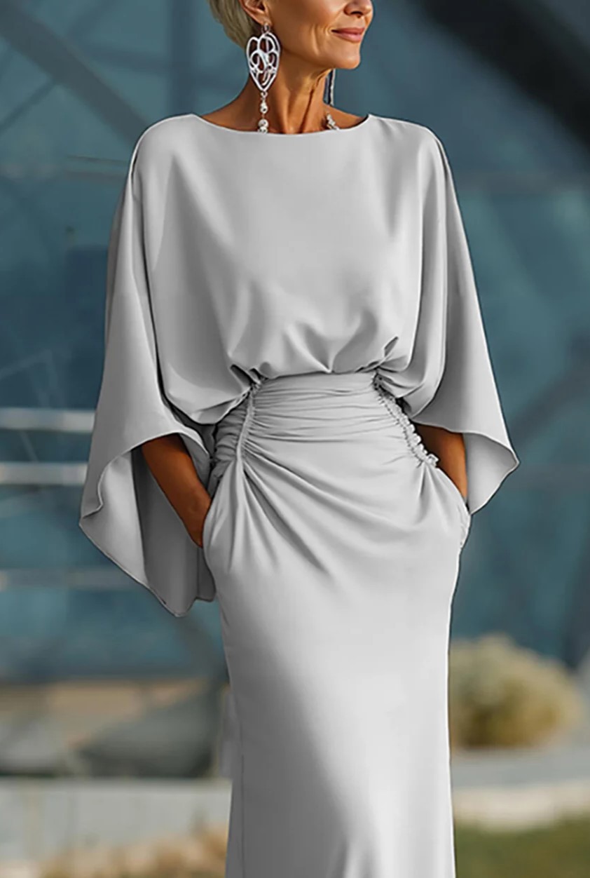 Bateau Batwing Sleeve Ruched Waist  with Pockets Mermaid Gown