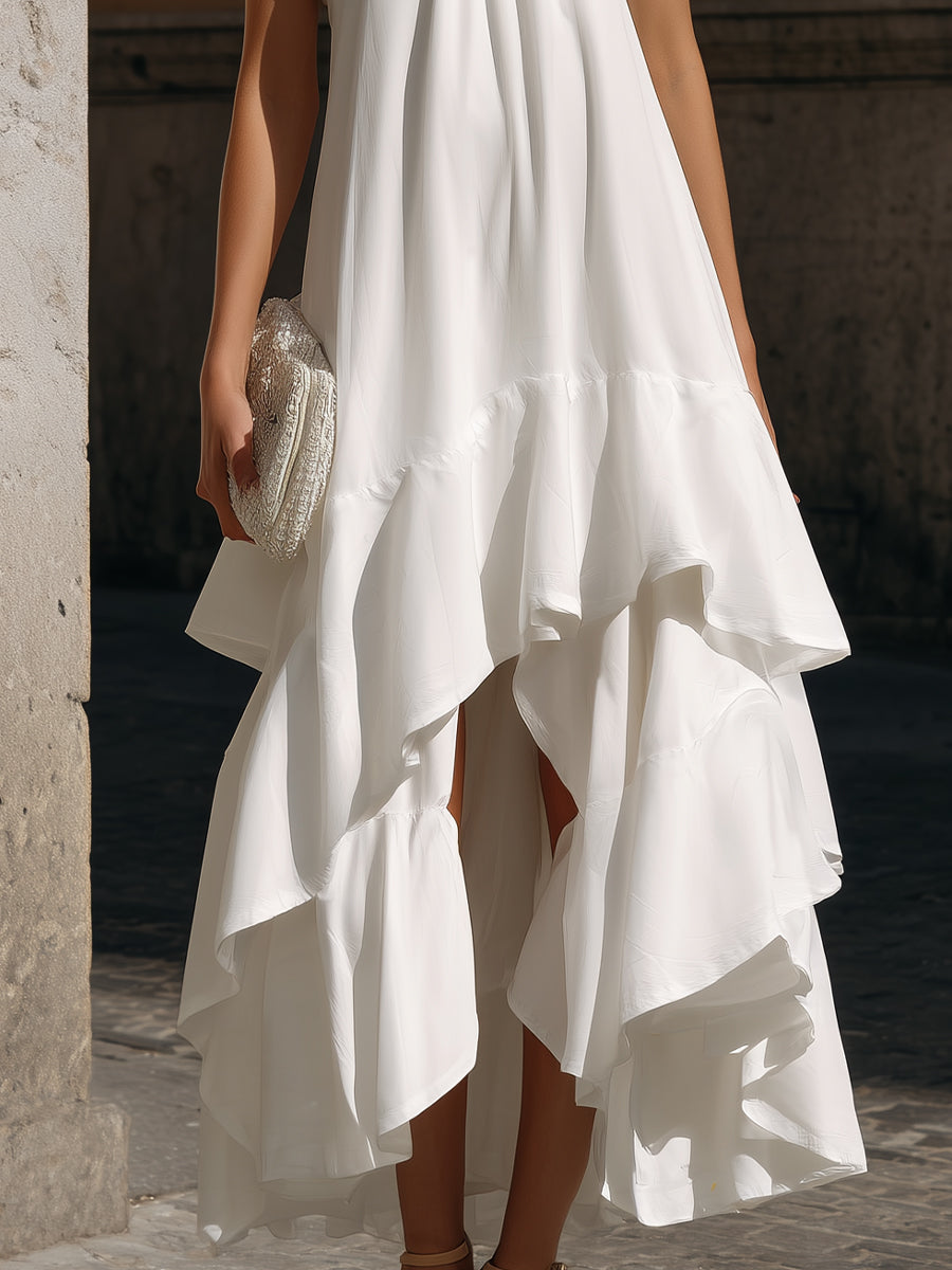 White Halter Neck Layered Ruffle High-Low Midi Dress