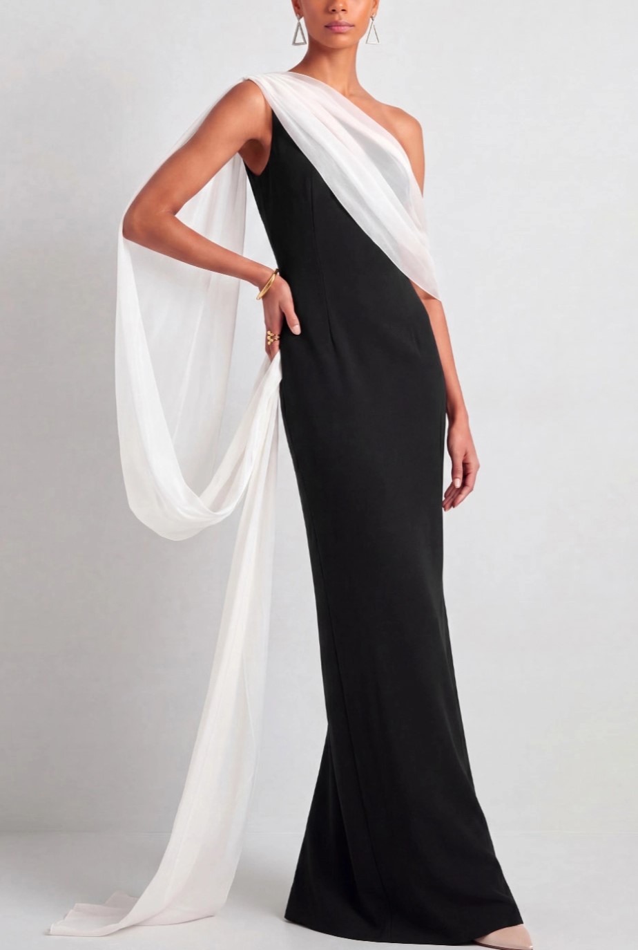 Black and White One Shoulder Mermaid Cape Maxi Dress