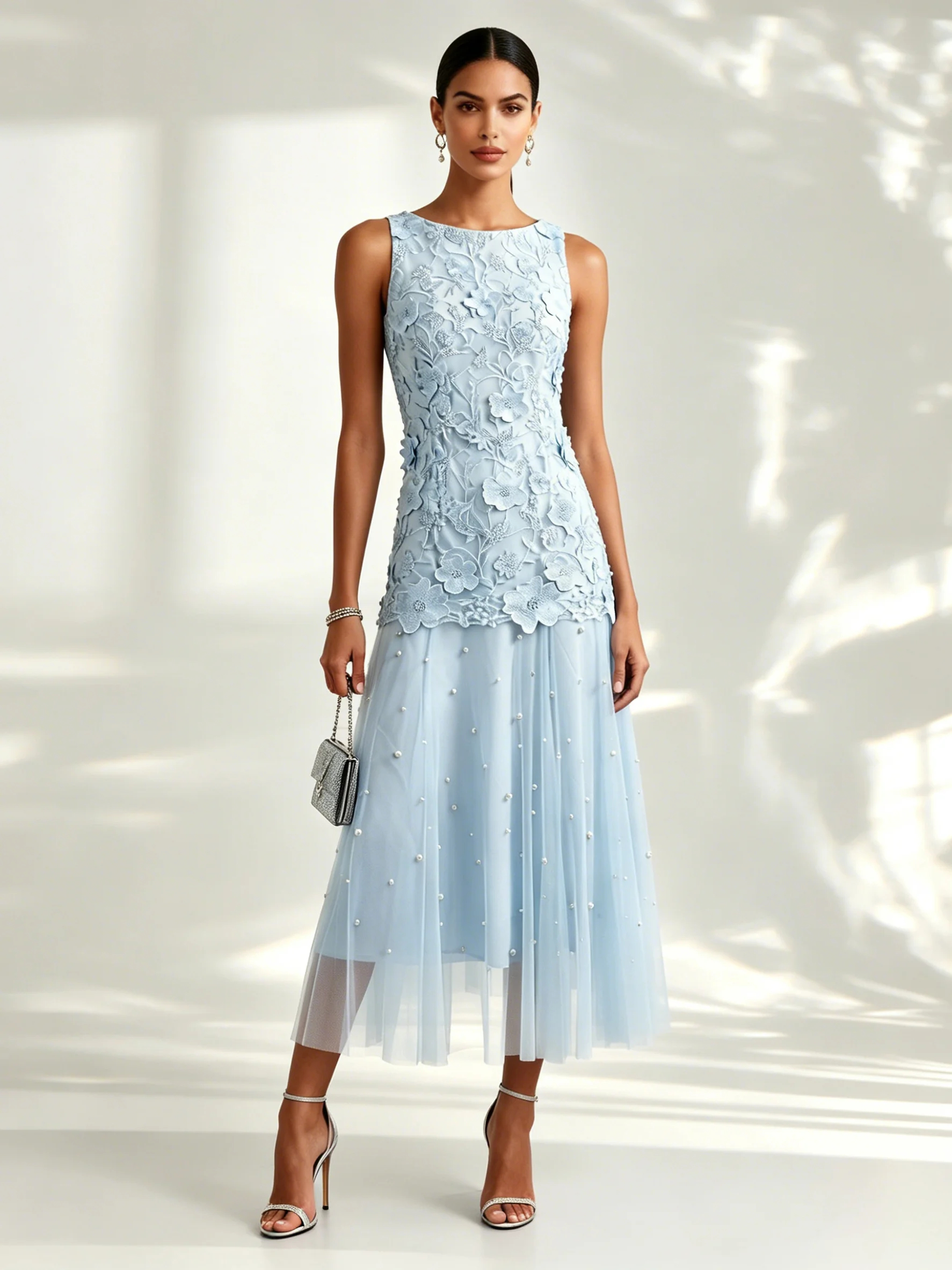 Light Blue Lace Lace Boat Neck Sleeveless A-Line Maxi Dress