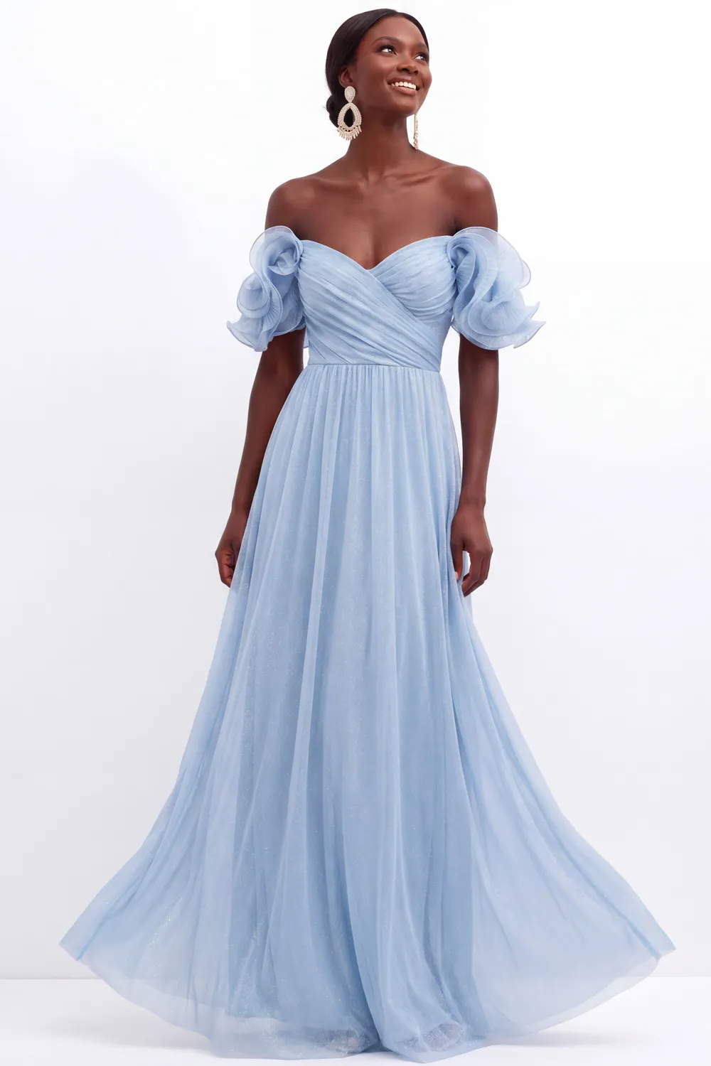 Light Blue Off Shoulder A-Line Pleated Chiffon Maxi Dress