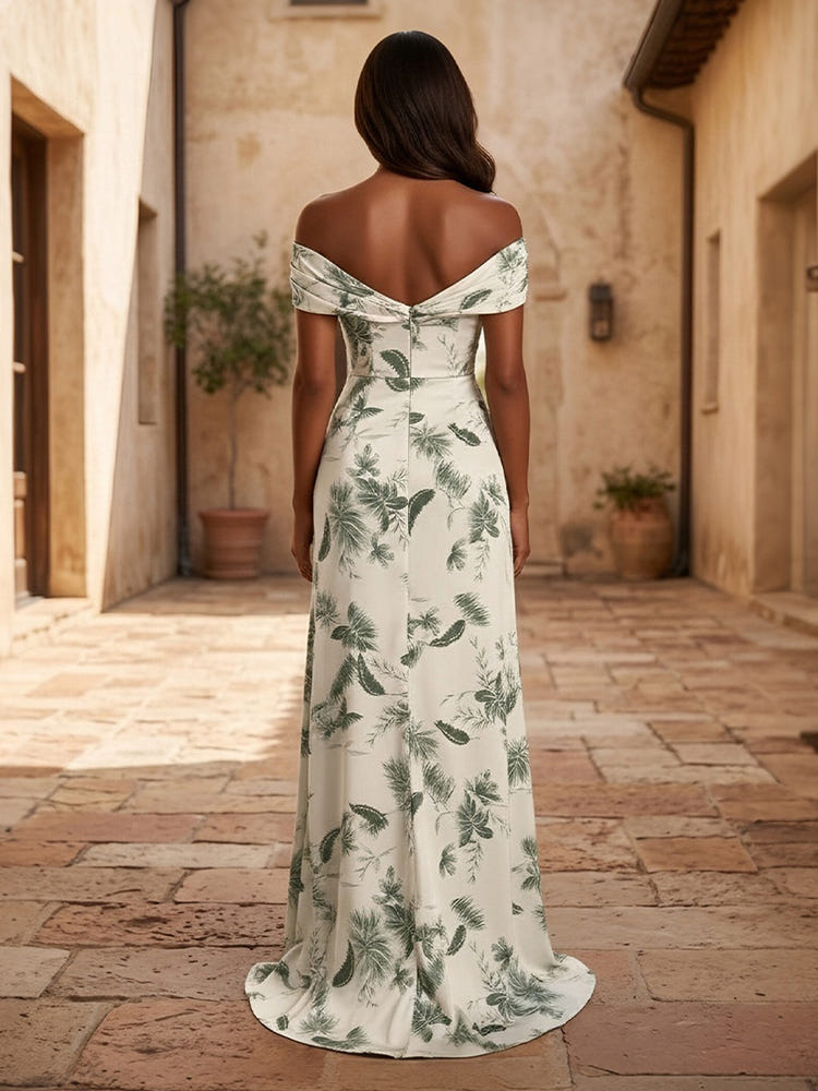 Green Leaf Print Off-The-Shoulder Mermaid Gown with High Slit
