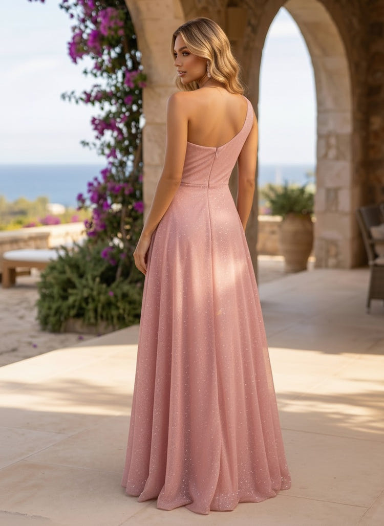 Blush Pink Tulle One-Shoulder A-Line Gown with Cascading Ruffles