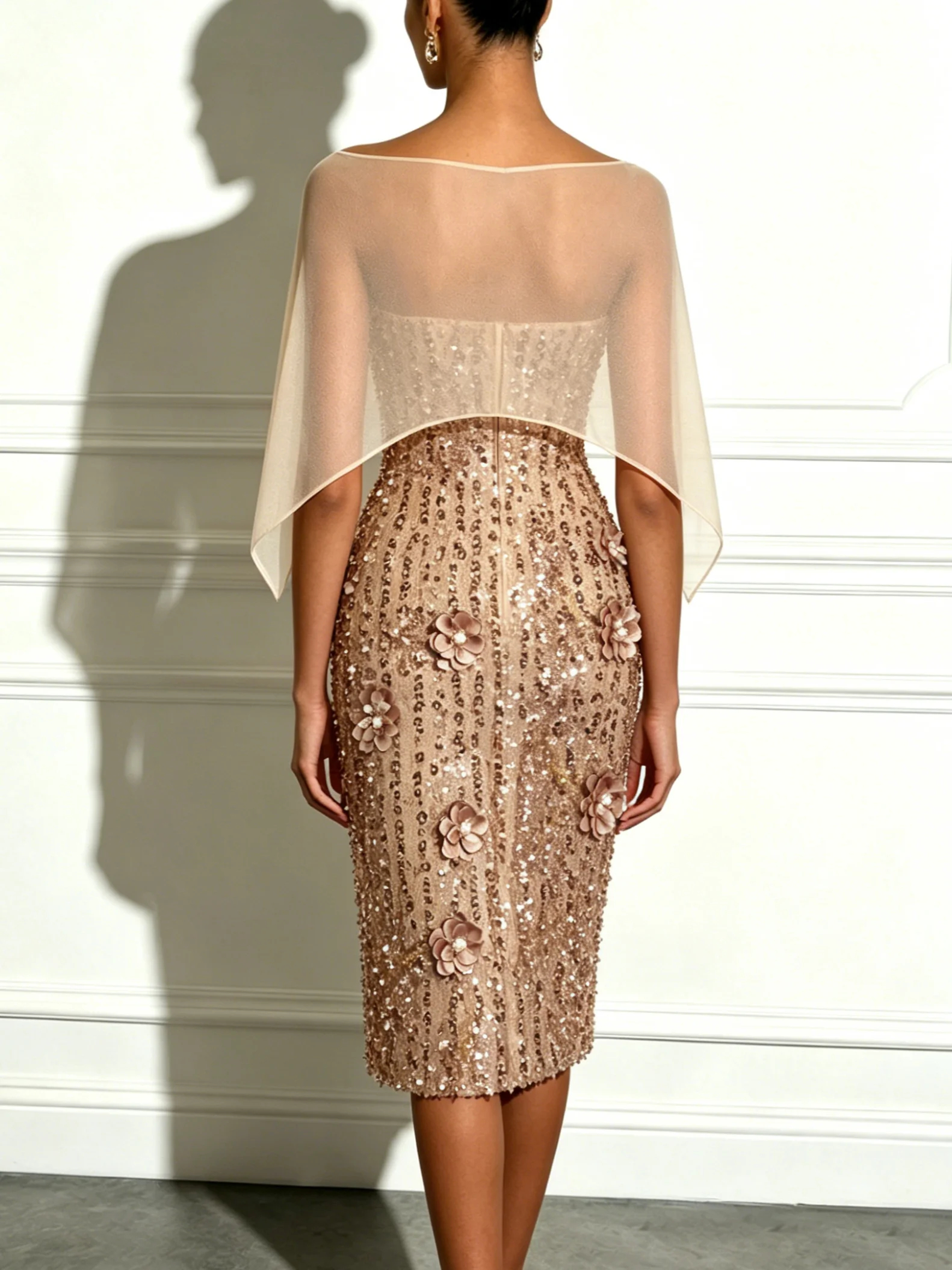 Champagne Sheer Cape Overlay Sequin & 3D Floral Sheath Midi Dress