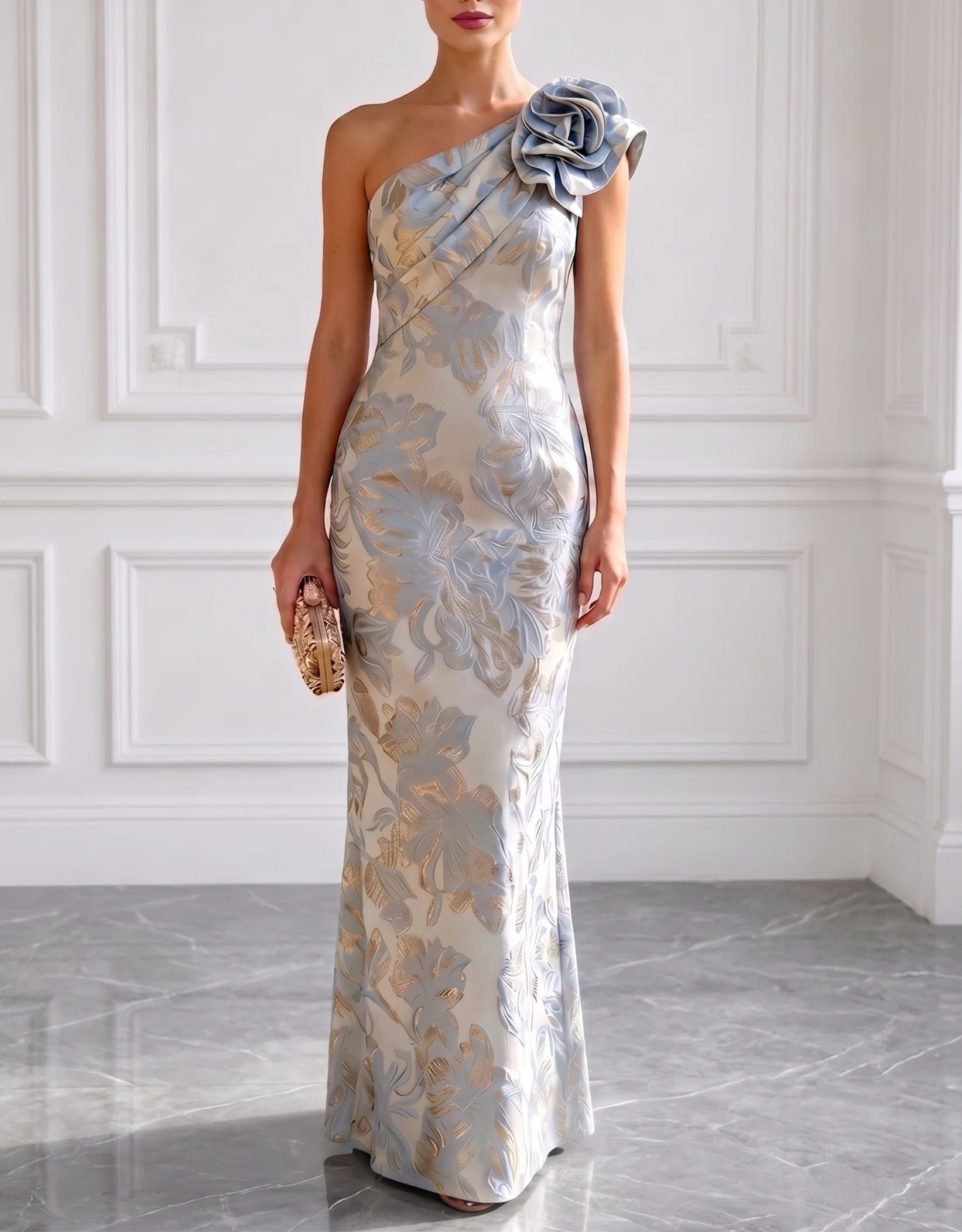 Dusty Blue Gold Floral Jacquard One Shoulder 3D Rose Mermaid Gown