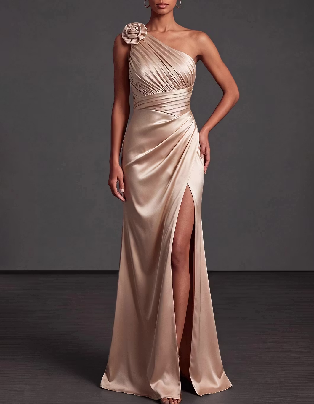 Champagne Satin One Shoulder 3D Rose Ruched High Slit Mermaid Gown