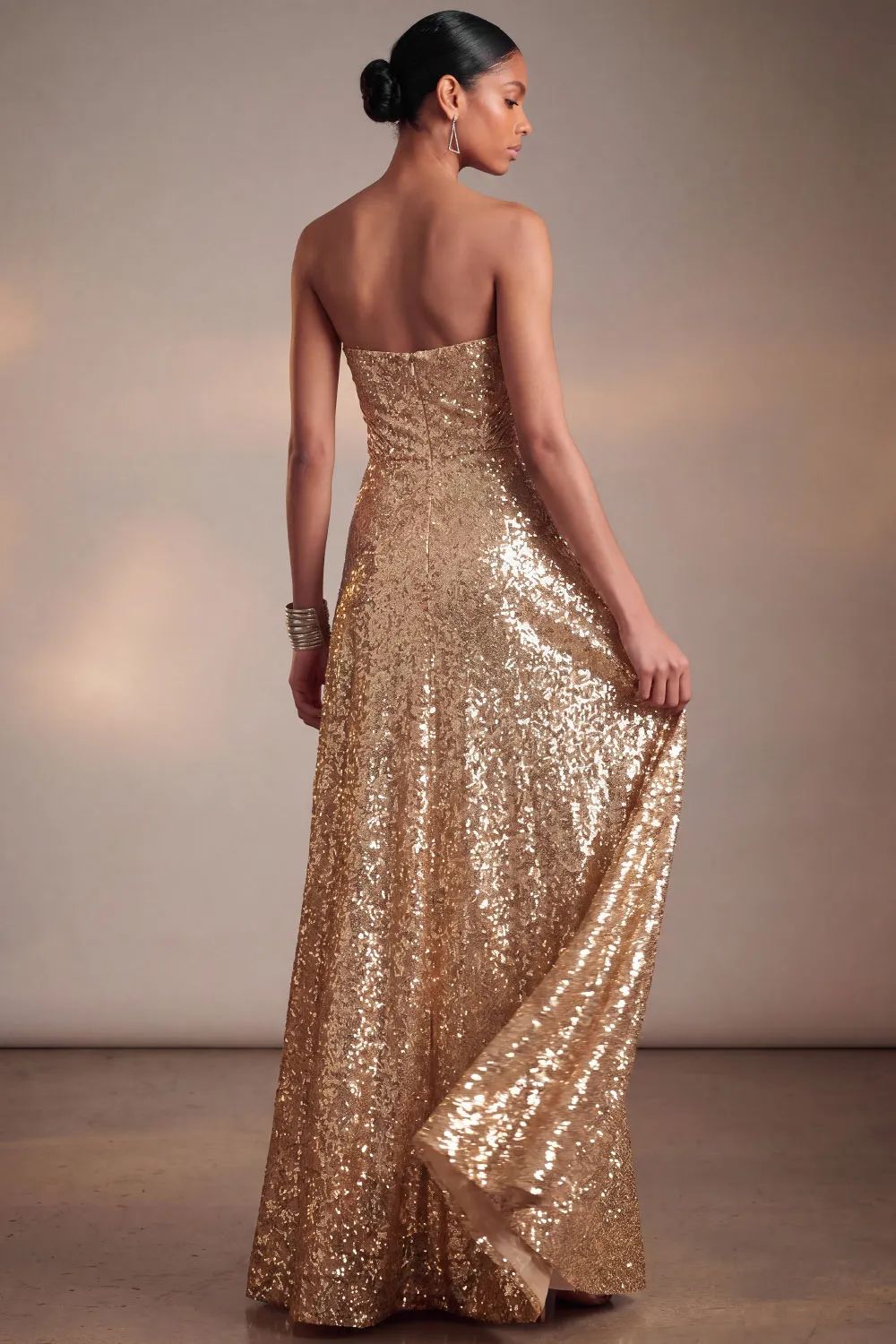 Gold Sequin Strapless Sweetheart A-Line Floor Length Evening Gown