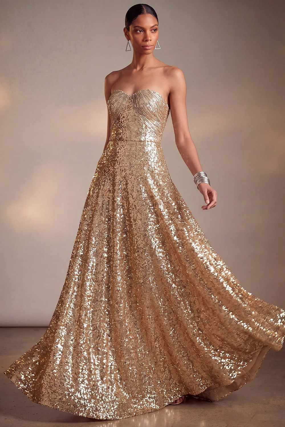 Gold Sequin Strapless Sweetheart A-Line Floor Length Evening Gown
