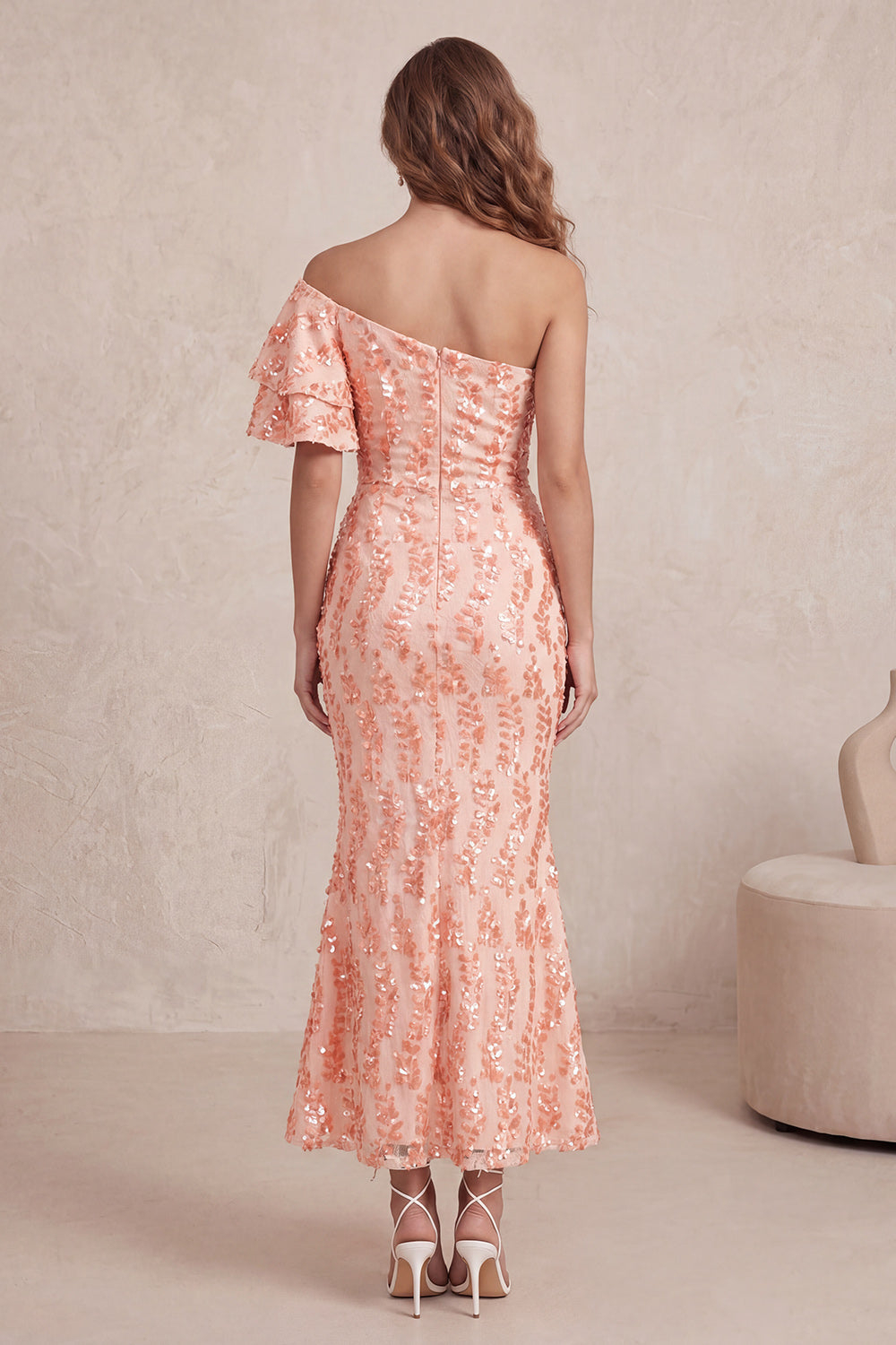 Peach Sequin One-Shoulder Midi Mermaid Dress with Ruffle Sleeve