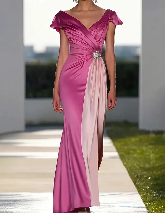 Two-Tone Magenta & Blush Pink Off-the-Shoulder Satin Mermaid Maxi Dress