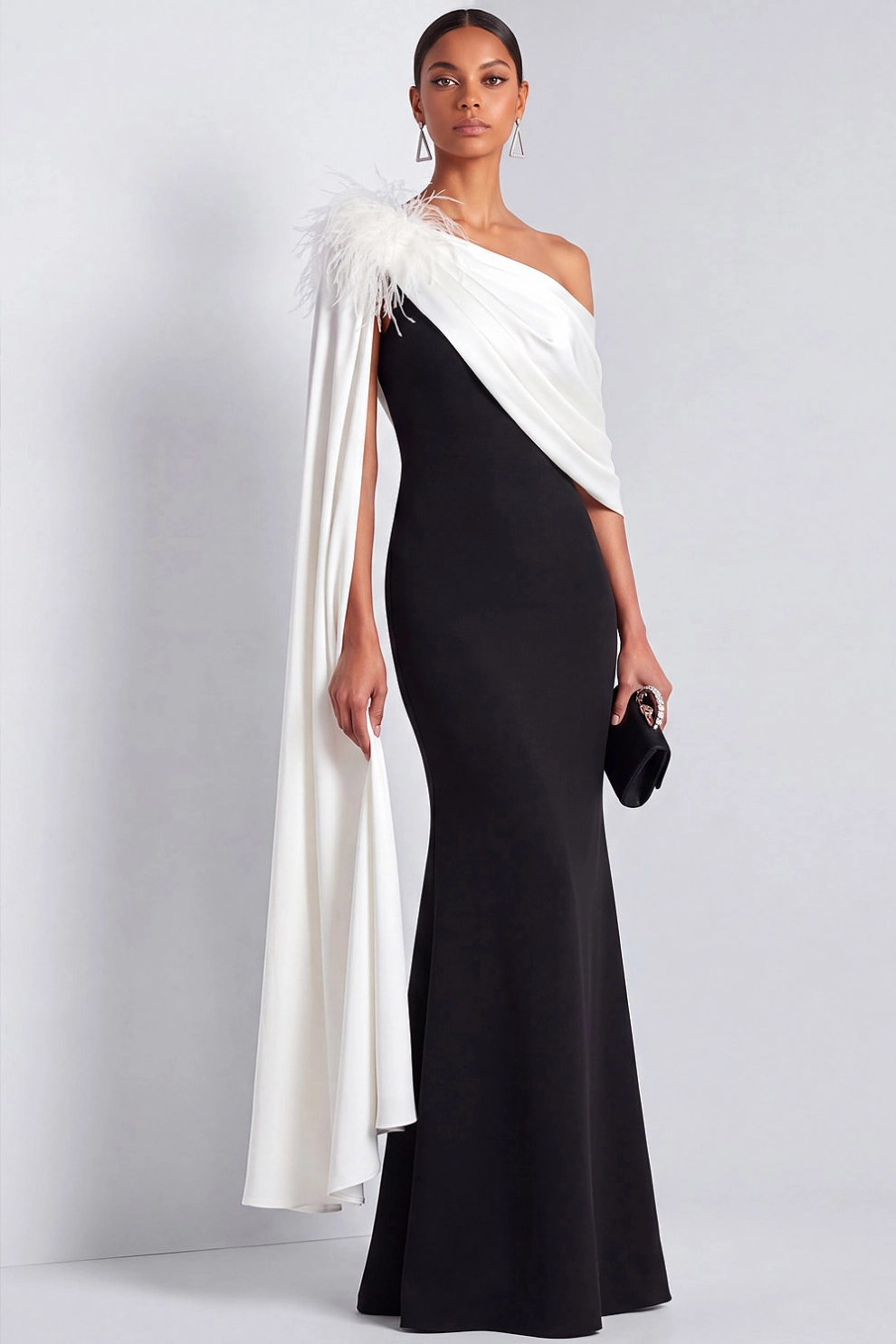 Black and White One Shoulder Mermaid Cape Maxi Dress