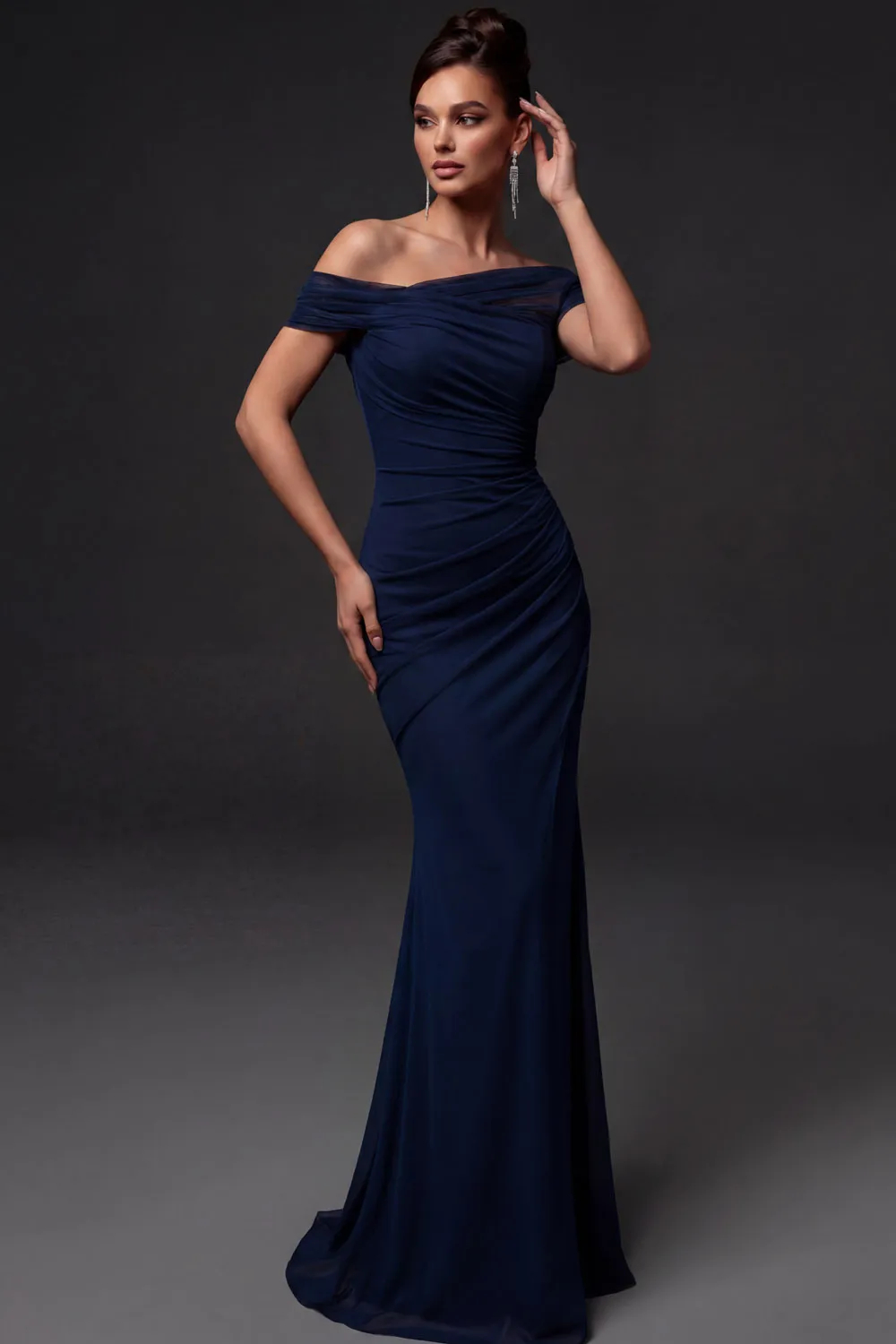 Off Shoulder Mermaid Pleated Chiffon Maxi Dress