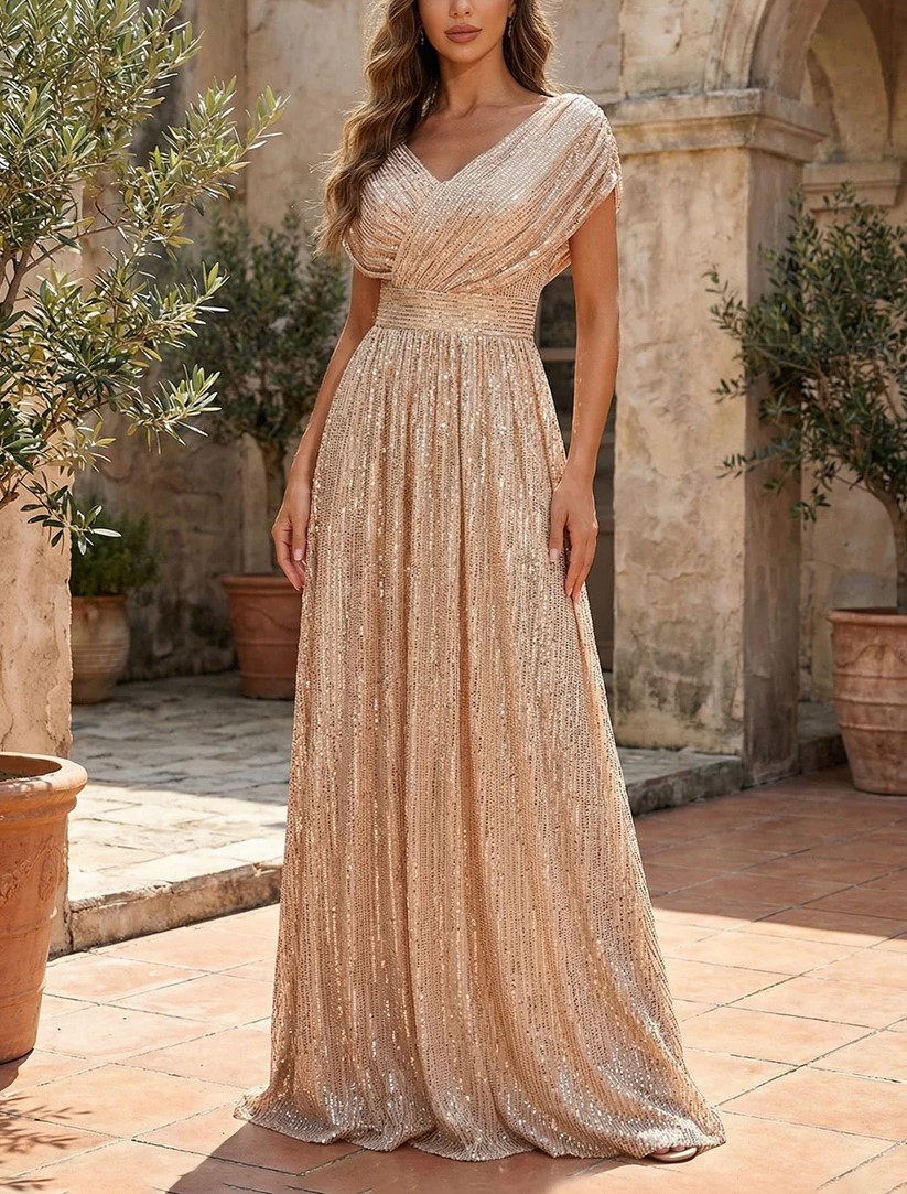 Sequin A-Line V-Neck Ruched Waist Maxi Dress