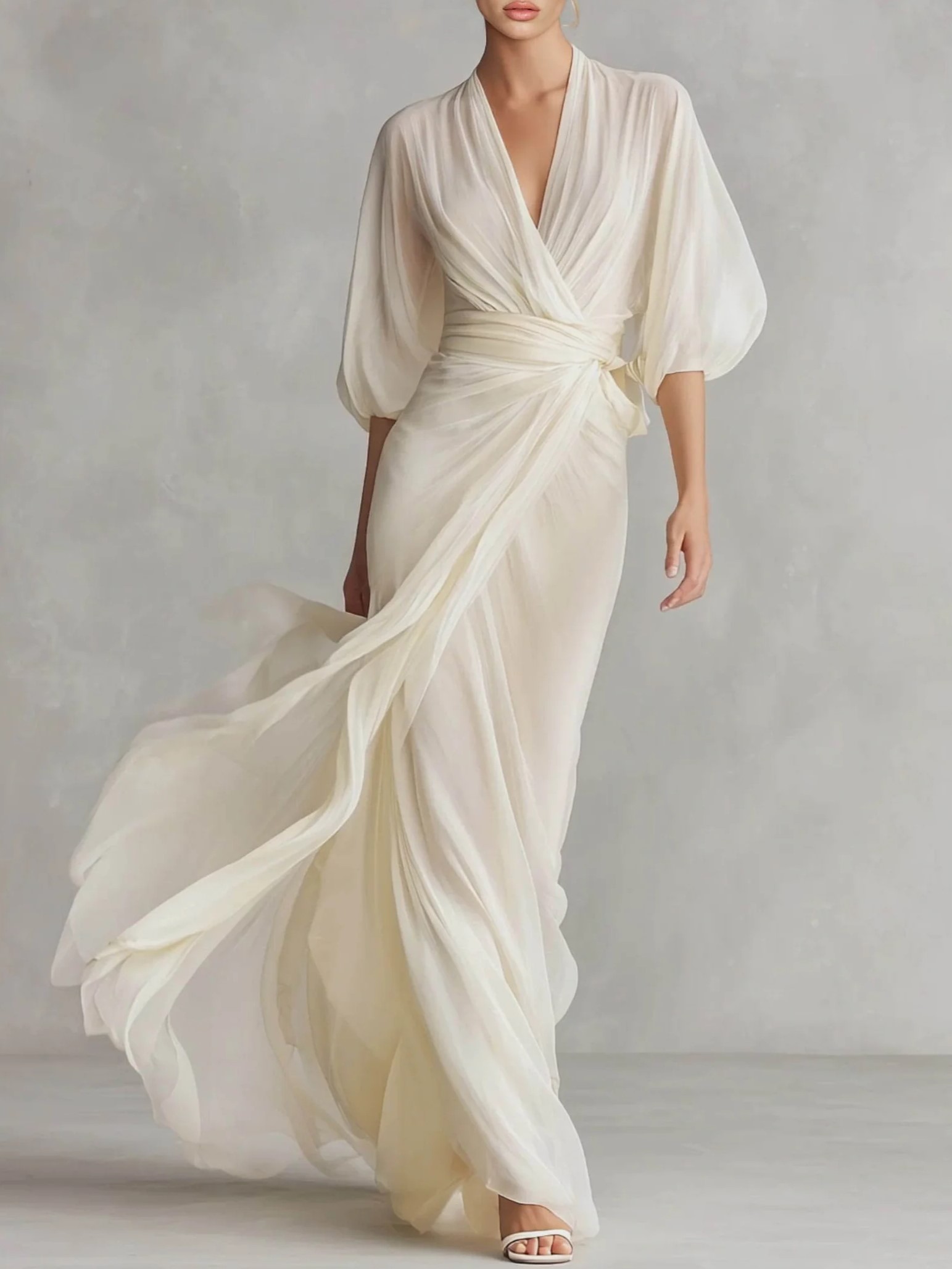 Elegant Chiffon Puff-Sleeve Wrap Maxi Dress