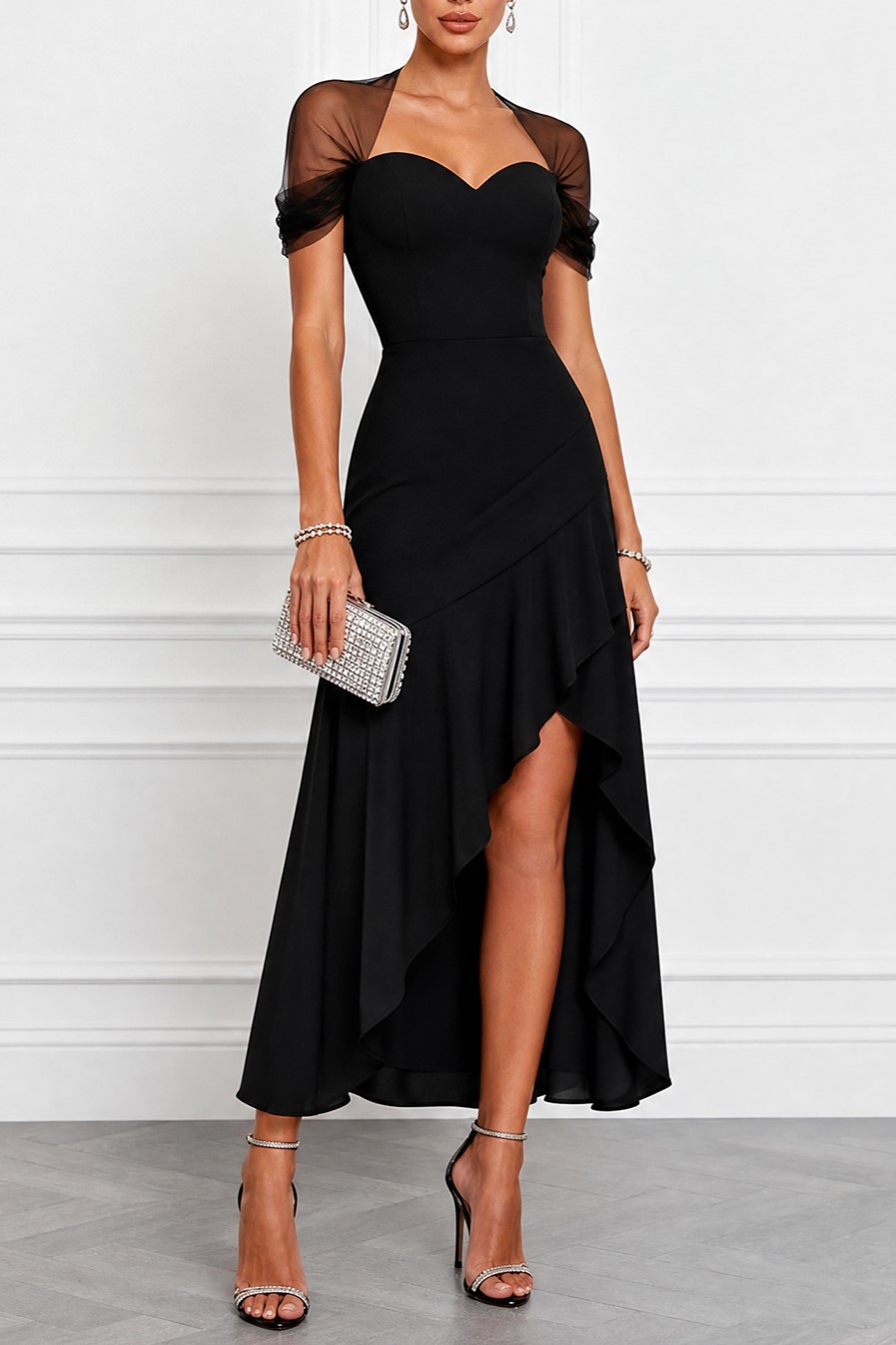 Black Sweetheart Neck Sheer Mesh Sleeve Ruffle High Slit Maxi Formal Dress