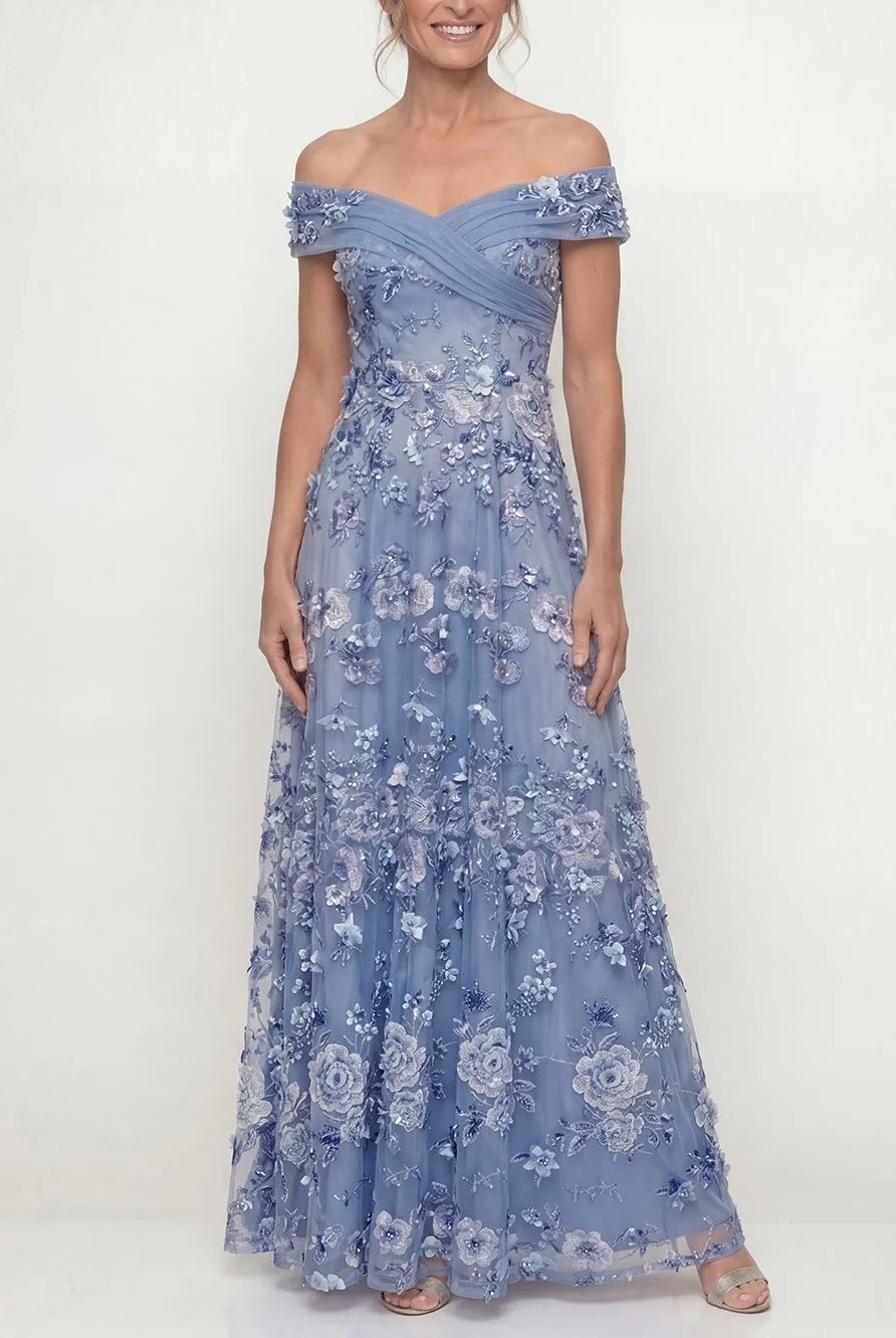 Sparkly Dusty Blue Off the Shoulder A Line Maxi Dress
