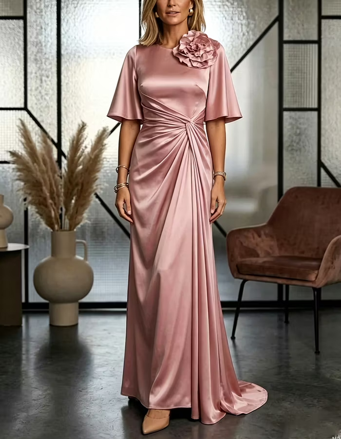 Mauve Pink 3D Flower Twist Waist Satin Maxi Dress