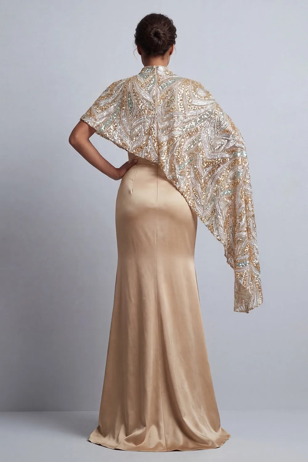 Sparkly Champagne Satin Mermaid  with Cape Maxi Dress