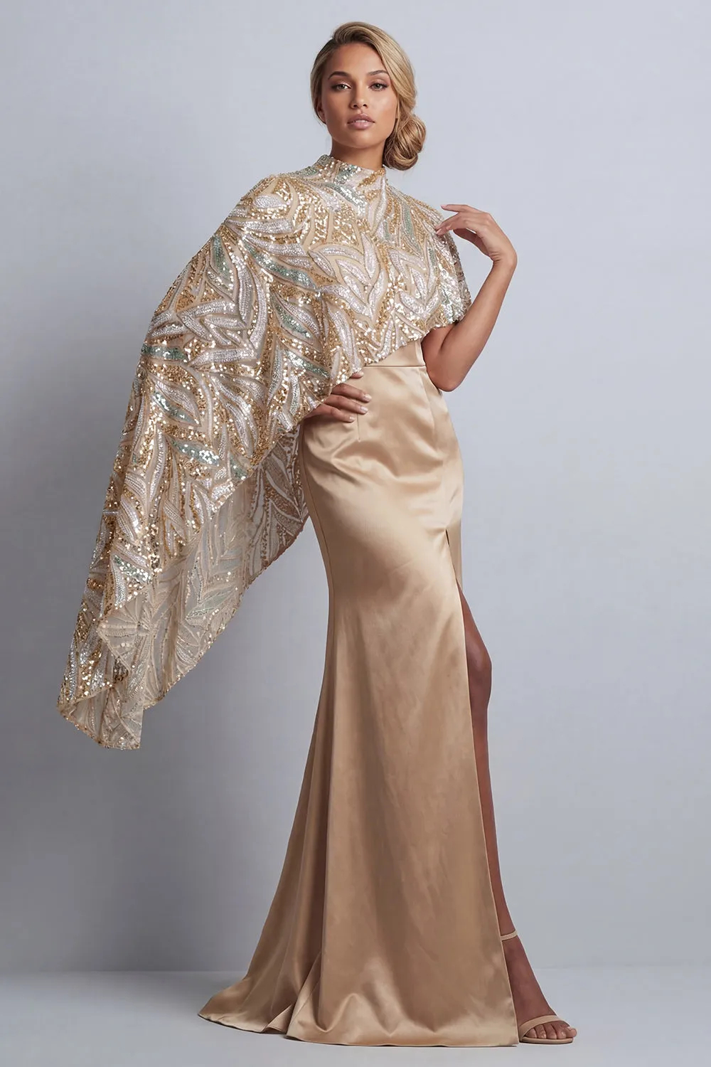 Sparkly Champagne Satin Mermaid  with Cape Maxi Dress