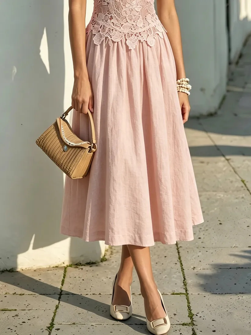 Pink Cotton Sleeveless Lace Midi Dress