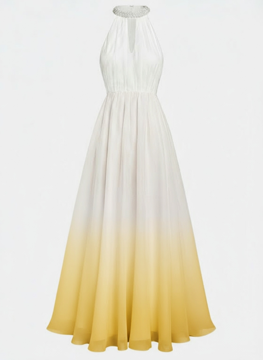 Pink Ombre Halter Maxi Dress Pleated Wedding Guest Gown for Beach & Summer Parties