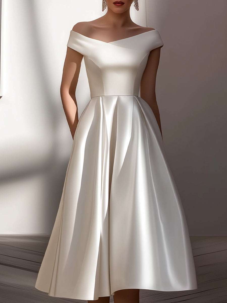 White Off-Shoulder Satin Sculpted Midi Dress