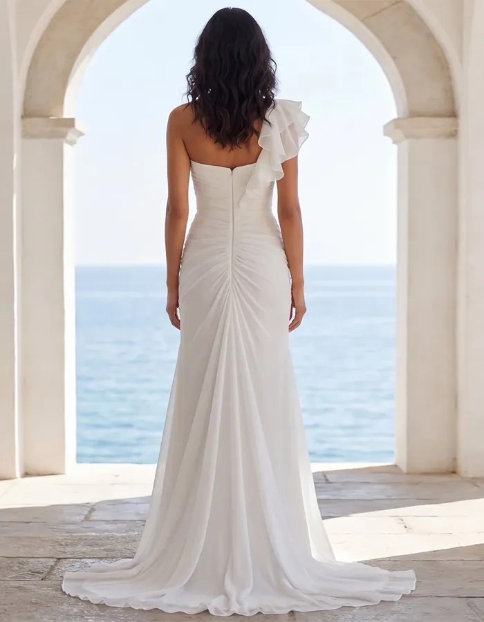 Solid Color Chiffon One Shoulder Ruffle Maxi Dress
