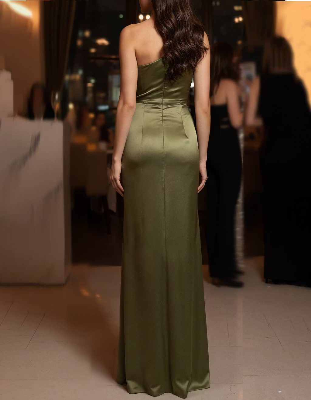 Olive Green Satin One-Shoulder Floral Brooch Maxi Dress