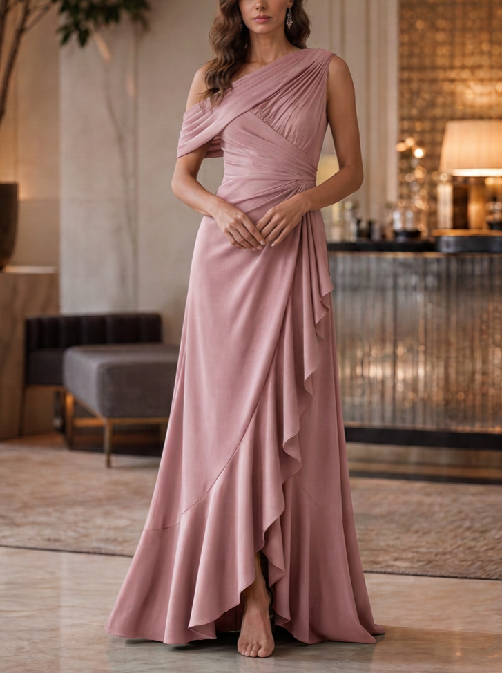 Dusty Pink One-Shoulder Ruched Ruffle Chiffon Maxi Dress