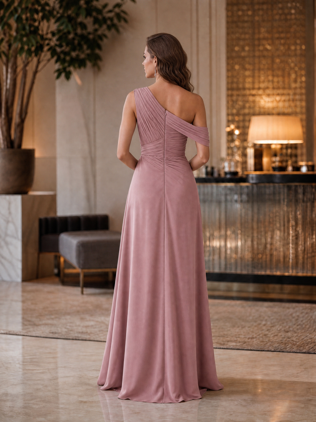 Dusty Pink One-Shoulder Ruched Ruffle Chiffon Maxi Dress