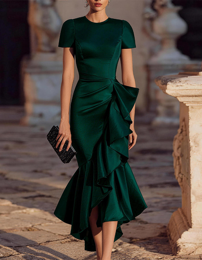 Short Sleeve Ruffled Asymmetric Midi Dress With Sculpted Waist