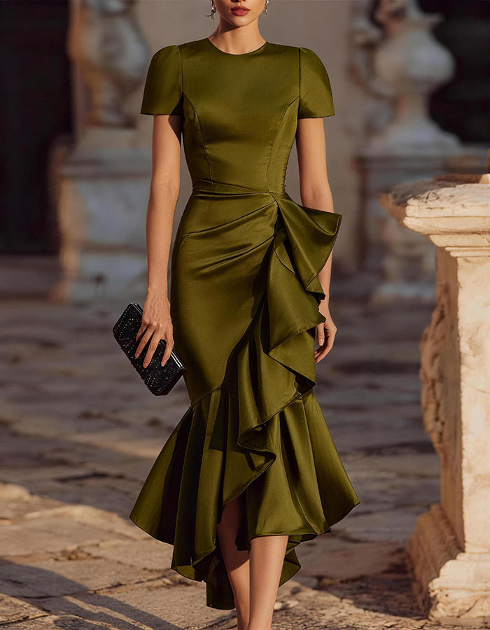Short Sleeve Ruffled Asymmetric Midi Dress With Sculpted Waist