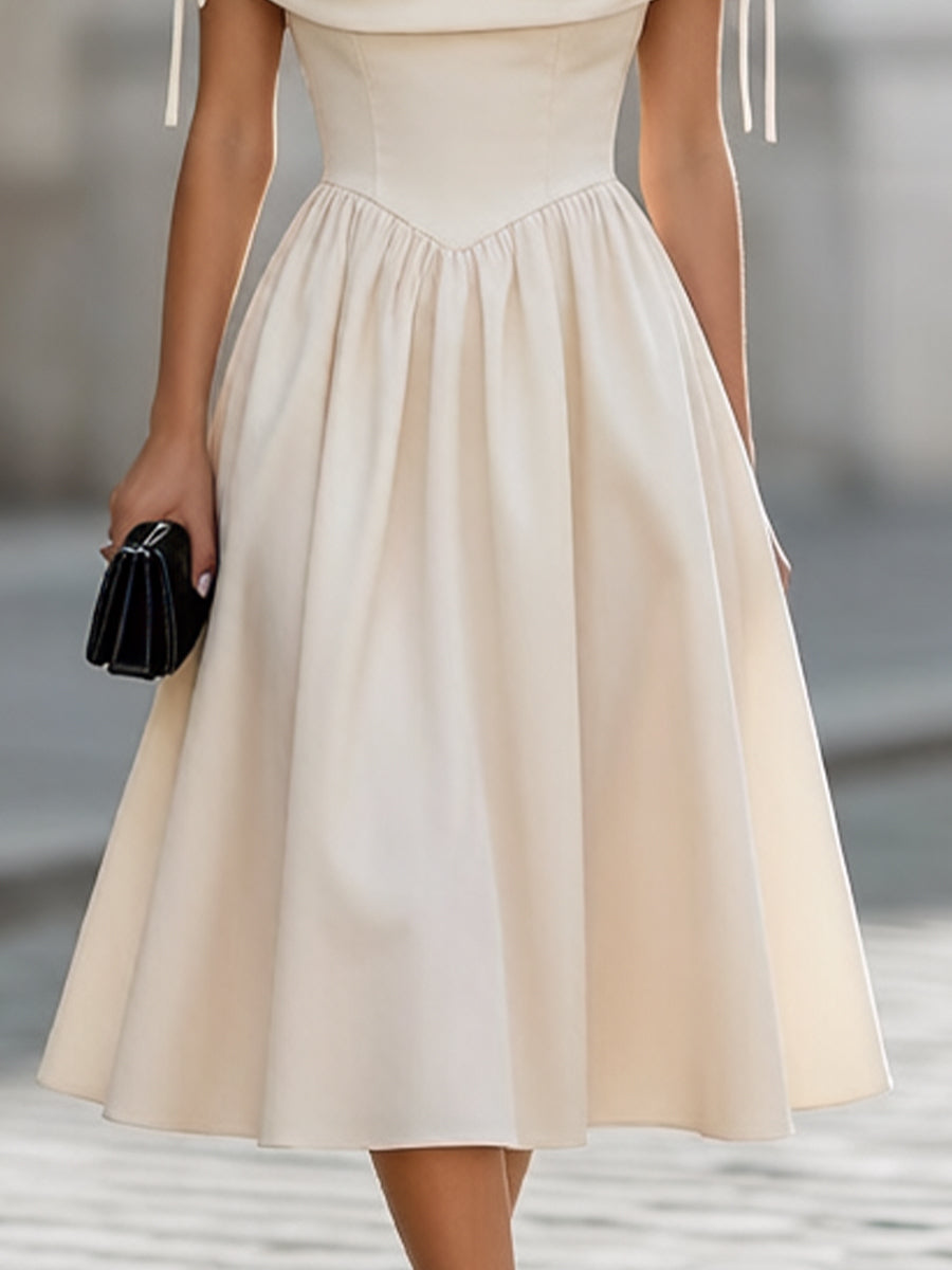 Off-the-Shoulder Draped Bow Tie A-Line Midi Dress