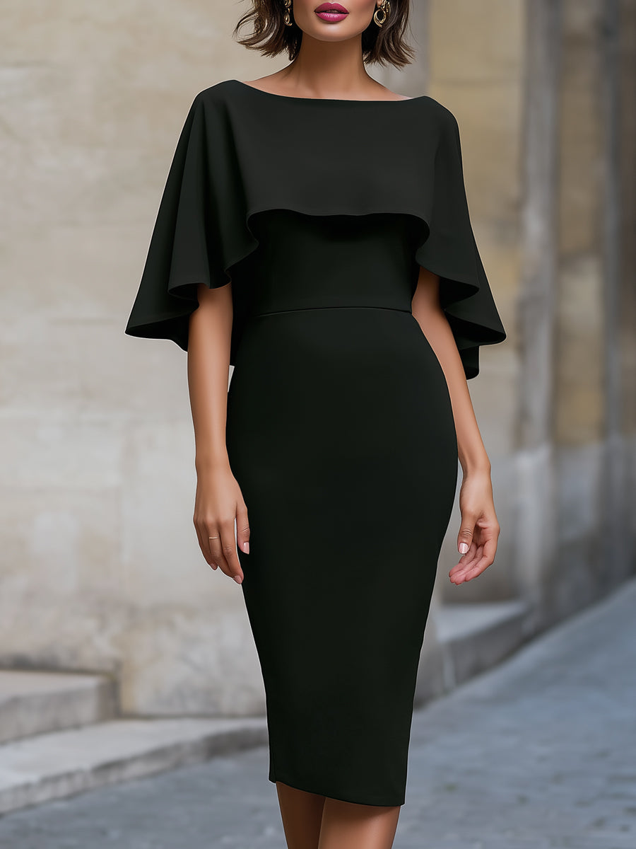 Cape Overlay Flutter Sleeve Fitted Midi Dress