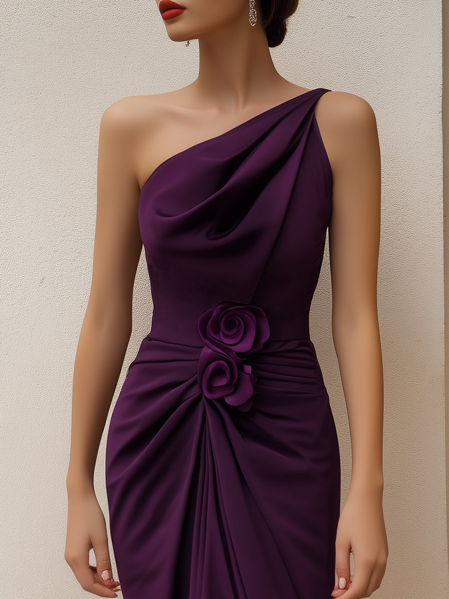 One-Shoulder Draped Floral Accent Midi Dress
