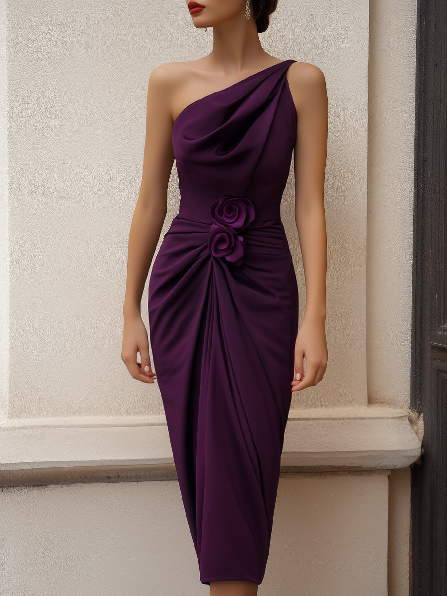 One-Shoulder Draped Floral Accent Midi Dress