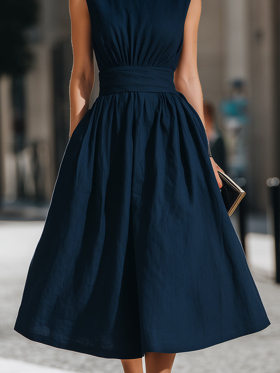 Gathered Waist Sleeveless A-Line Midi Dress