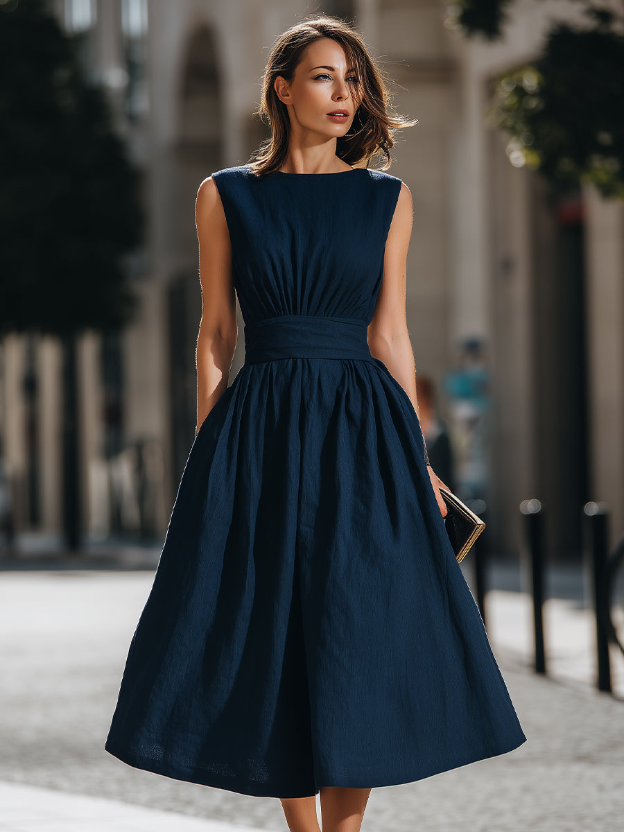 Gathered Waist Sleeveless A-Line Midi Dress