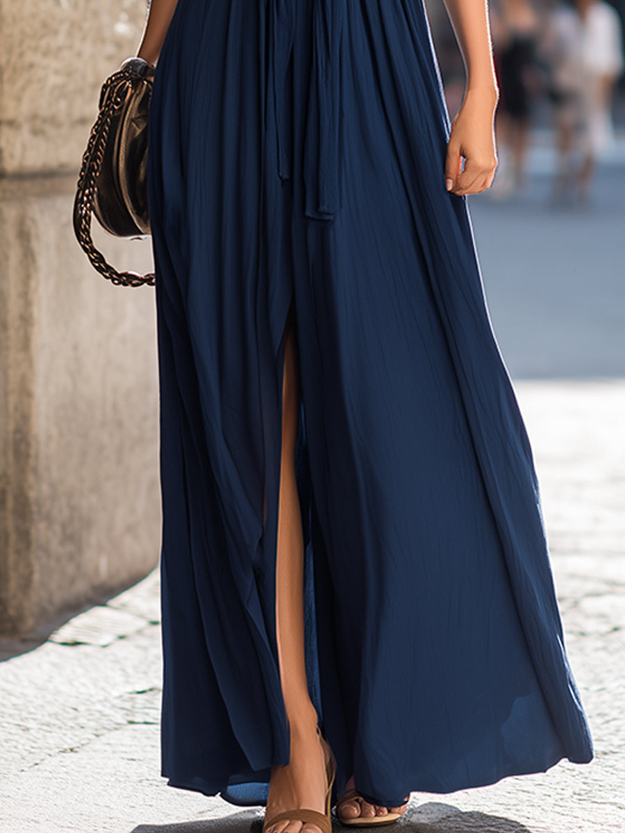 Halter Neck Ruched Knot Front Flowing Maxi Dress